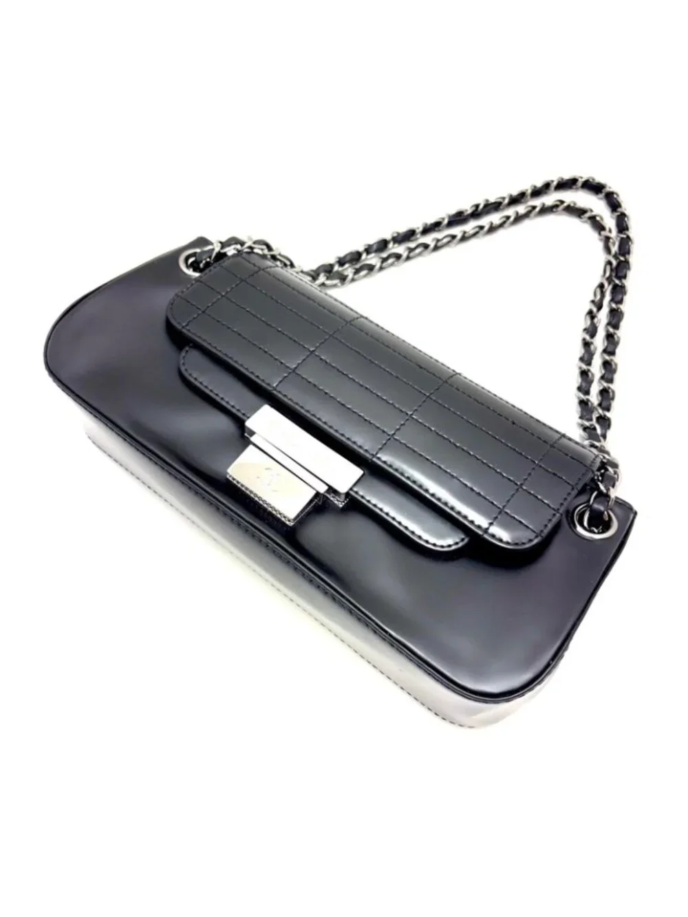 Chanel Choco Bar Chain Shoulder Black Silver Calfskin Bag